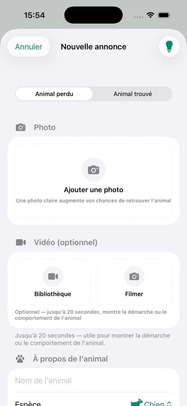 Écran de publication d'une annonce HailyFinder