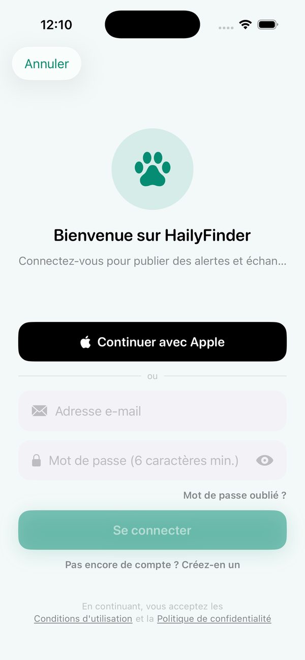 Écran de connexion HailyFinder